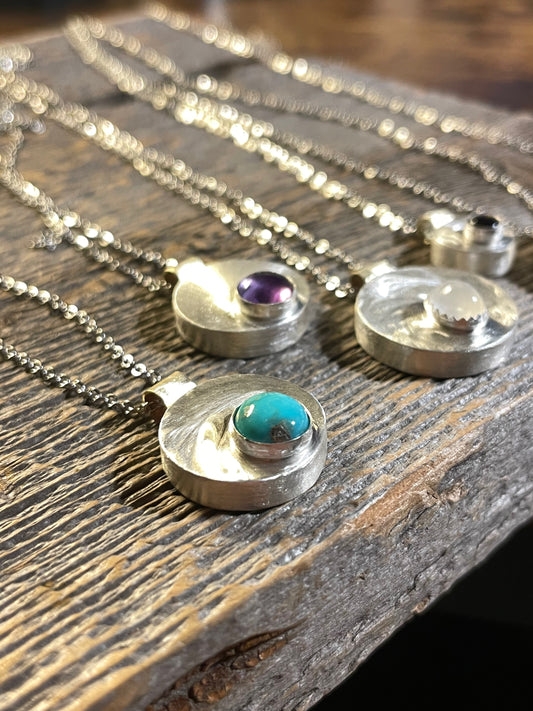 Sterling Silver Round Hollow Form Pendant Necklace, Amethyst, Opal, Turquoise, Brass, Circle Necklace Pendant, .925 Sterling Silver Pendant