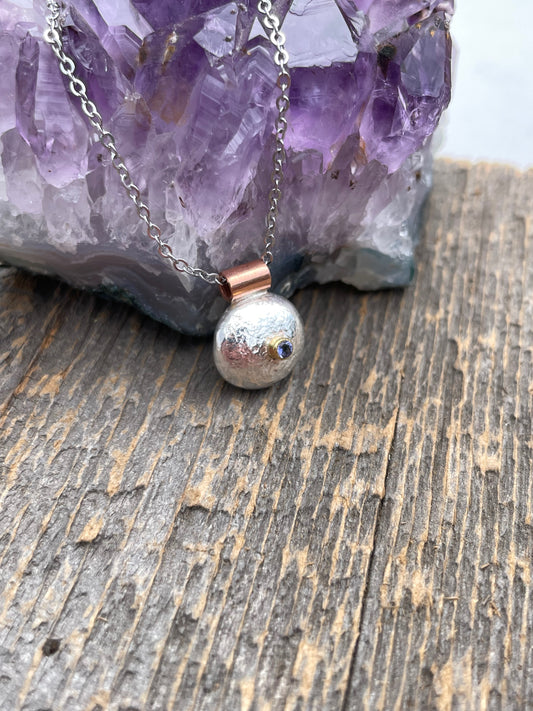 Sterling Silver, Tanzanite, Copper, Brass, Round Small Drop Pendant Necklace, .925 Sterling Silver Round Tanzanite Pendant Necklace