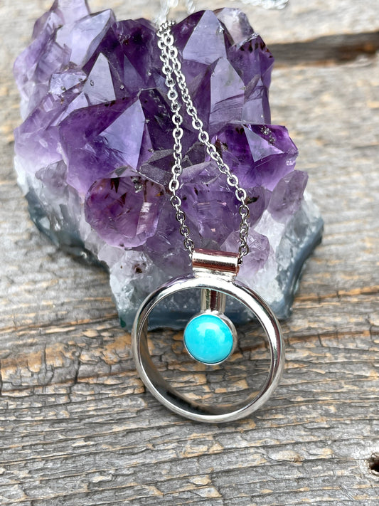 Sterling Silver, Turquoise, Copper, Circle Necklace Pendant, .925 Sterling Silver Pendant, Hand Made Turquoise and Silver Pendant Necklace