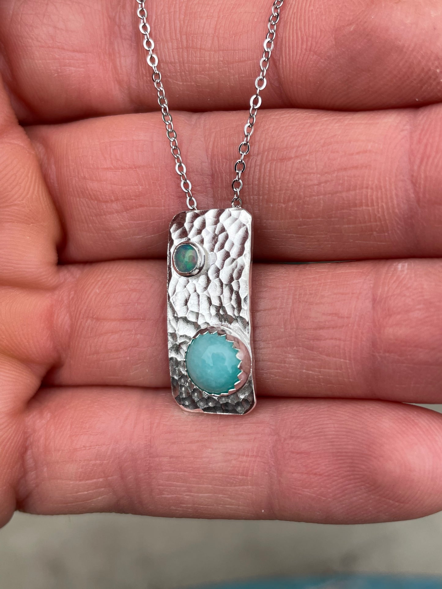 Sterling Silver, Amazonite, Opal, Hand Hammered Domed Rectangle Necklace Pendant, .925 Sterling Silver Pendant, Hammered Silver Pendant