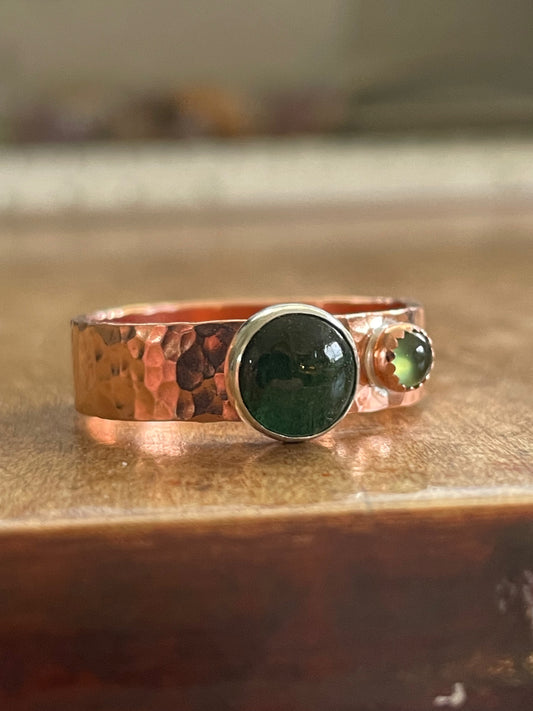 Copper, .999 Fine Silver, Aventurine, Serpentine Ring, Copper Ring, .999 Fine Silver, Copper and Silver, Hammered Handmade Gemstone Ring