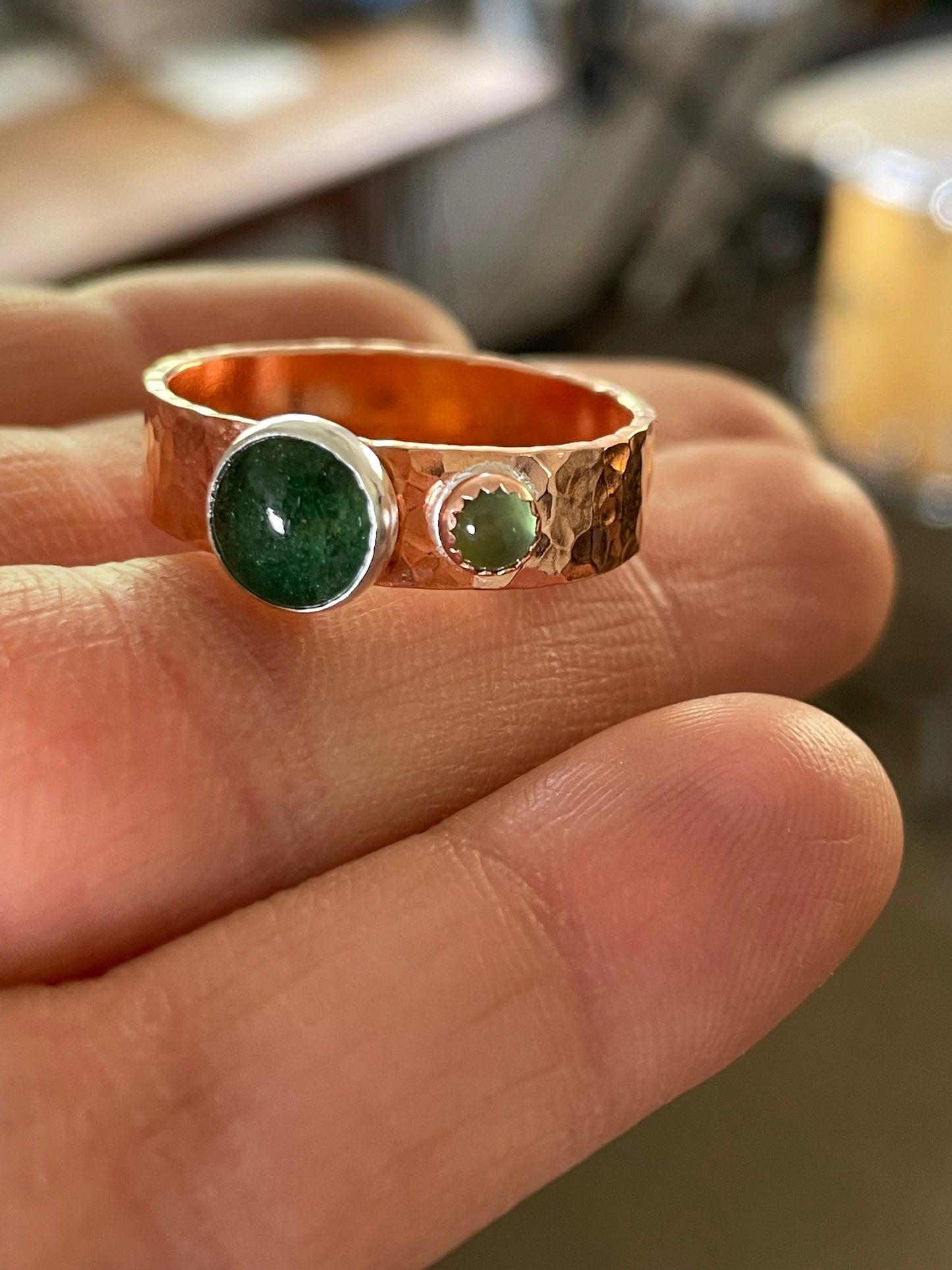 Copper, .999 Fine Silver, Aventurine, Serpentine Ring, Copper Ring, .999 Fine Silver, Copper and Silver, Hammered Handmade Gemstone Ring