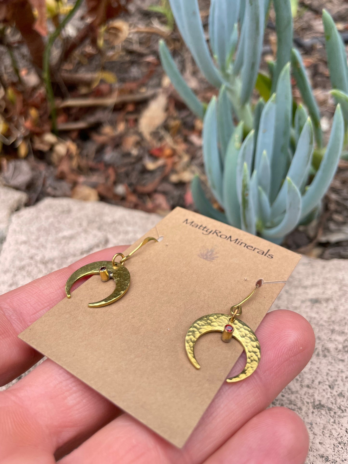 Brass, Garnet Earrings, Hand-Hammered Brass Moon Earrings, Garnet Earrings, Garnet and Brass Earrings, Unique Earrings, Hand Hammered Brass