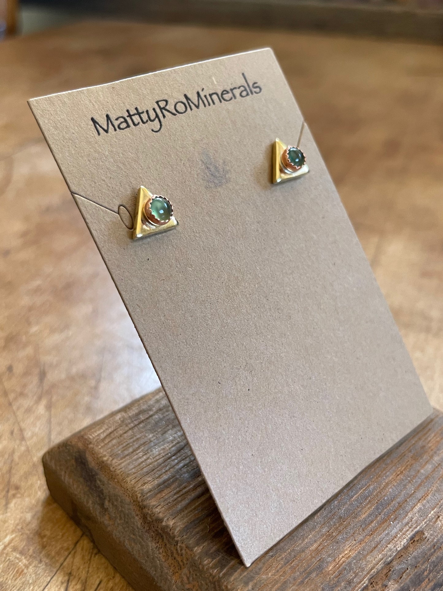 Brass, Copper, Serpentine, Triangle Earring Studs, Brass and Copper Studs, Handmade Green Serpentine Stud Earrings, Handmade Stud Earrings