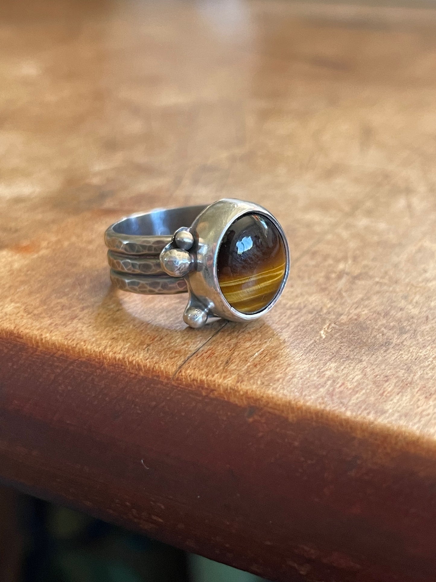 Sterling Silver, Tiger's Eye, Hand Hammered Ring, Tigers Eye Ring, .925 Sterling Silver, Tigers Eye and Oxidized Sterling Silver Ring