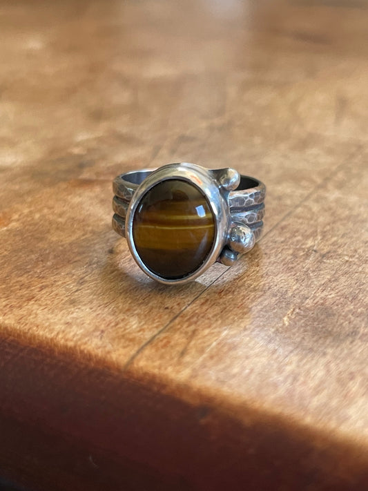 Sterling Silver, Tiger's Eye, Hand Hammered Ring, Tigers Eye Ring, .925 Sterling Silver, Tigers Eye and Oxidized Sterling Silver Ring