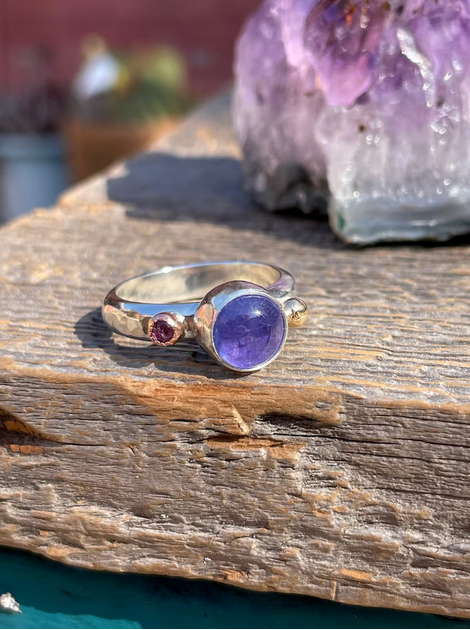Sterling Silver, Tanzanite, 14K Gold, Amethyst, Copper Hand-Hammered Ring